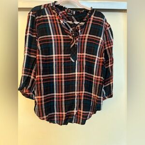 Torrid Blue and Orange 3/4 Sleeve Tie Front Blouse